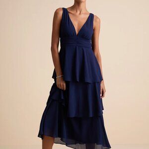 Lulu's Midi Cocktail Party Dress MEDIUM Blue V-neck Tiered Wedding Holiday NEW